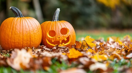 Carved jack-o'-lantern with pumpkins in autumn leaves. Spooky Halloween decoration in a fall setting. Concept of Halloween, fright, and seasonal celebration