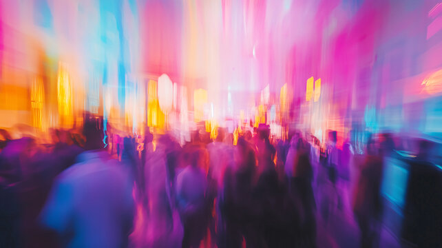 Abstract vibrant nightclub interior with colorful lights and blurred crowd creating a dreamy and energetic atmosphere