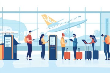 Book a flight An airport scene with passengers booking flights at kiosks and online, highlighting the ease of travel planning