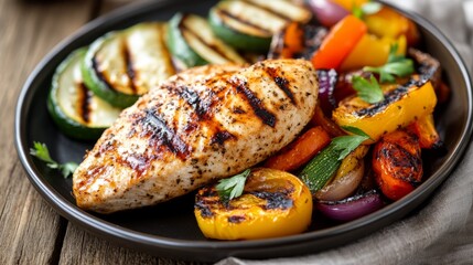 Grilled chicken breast with vegetables. Delicious grilled chicken breast served with a medley of roasted vegetables, including zucchini, bell peppers, and onions.