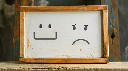 Whiteboard with a happy face icon and a sad face icon, contrasting emotions 