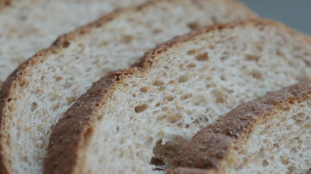 Close up of sliced toast bread rotating macro shot