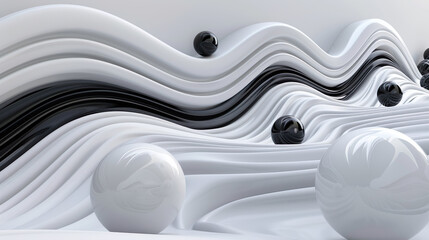 Horizontal abstract technology background with waves and balls. Futuristic wallpaper.