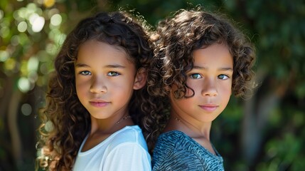 A pair of siblings posing back-to-back with playful expressions.