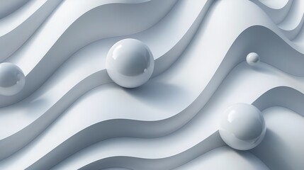 Horizontal abstract white background with waves and balls. Futuristic wallpaper.
