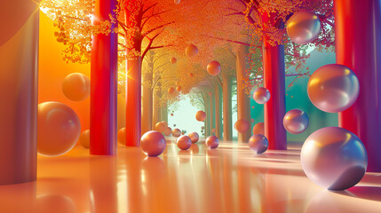 Horizontal orange background with trees and balls. Fantastic, abstract landscape.