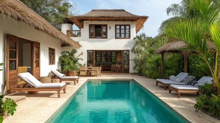 Luxury beach villa with modern swimming pool in tropical resort. Nobody inside