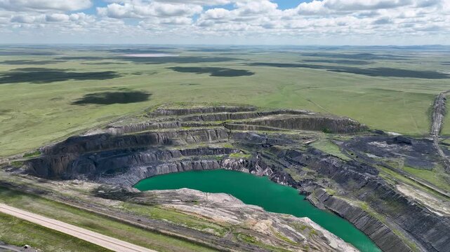 An abandoned flooded opencast (surface) coal mine in the steppe.