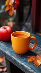 Cozy Autumn Scene with Orange Mug and Red Apple