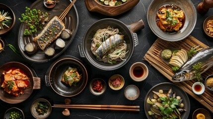 A traditional Korean hanjeongsik (full-course meal) featuring an array of dishes such as grilled fish, japchae (stir-fried glass noodles), and a variety of kimchi. 
