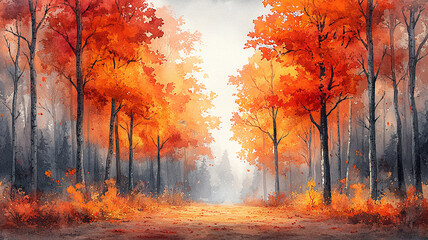 High-resolution watercolor autumn forest, vibrant leaves in red, orange, and yellow