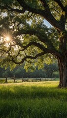 A large tree stands in a sunlit field, with sunlight filtering through its leaves