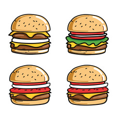 Cartoon burgers featuring stacked beef patties, lettuce, tomato, cheese, isolated white background. Vibrant image fastfood sandwiches showcasing different ingredient combinations. Ideal food