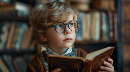 A young boy wearing glasses and a bow tie, holding a book