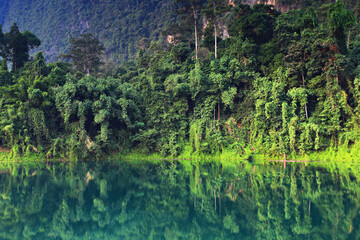 Scenic of Khao Sok national park, popular destination at Ratchaprapha Dam in Surat Thani Province, Thailand 
