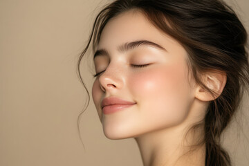 A close up of a girl's face with her eyes closed