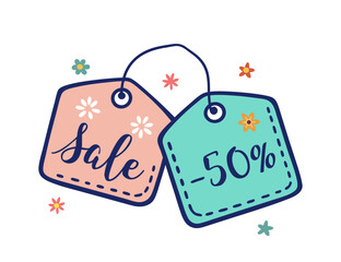 Sale tags or labels. Offer of discount. Hand drawn cartoon style illustration.