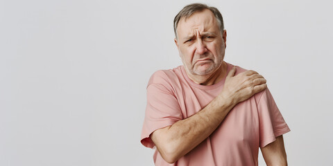A European man clutching his shoulder as if experiencing discomfort or shoulder pain