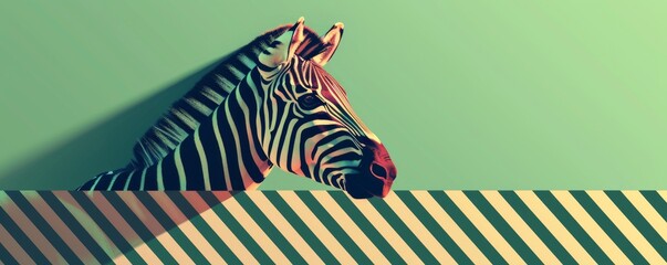 Minimalist illustration of a zebra with a striped background on a green gradient