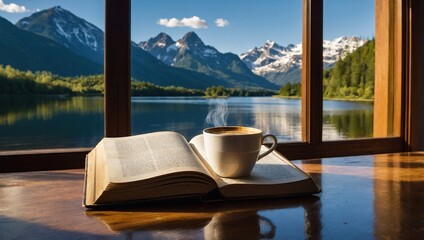 A warm cup of coffee and an open book resting on a window sill, inviting relaxation and reading