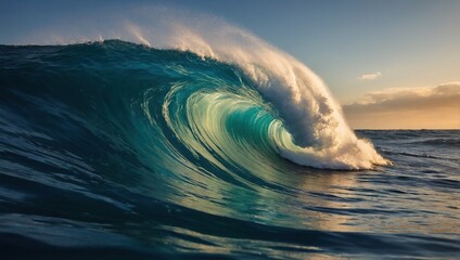 A large wave crashes on the ocean as the sun sets