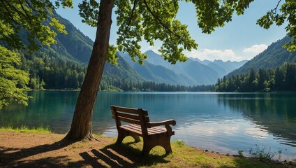 A serene bench overlooks a tranquil lake, framed by majestic mountains in the background