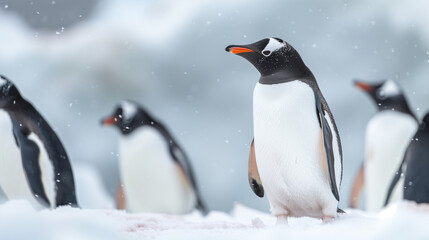 Obraz premium penguin in the snow landscape with group on blur background