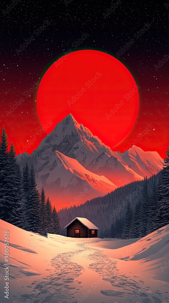 Wall mural Mountain Cabin with Red Sun at Dusk