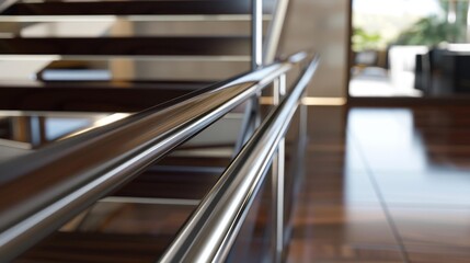 A polished metal railing glistens in soft light, reflecting a modern interior with wooden stairs and a glimpse of greenery outside.