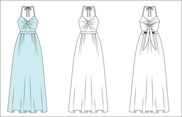 womens girls long summer dress sketch, ladies maxi lenght summer  dress mock up, womens dress vector front and back editable technical drawings