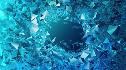 A layered vector scene of abstract, translucent polygons in shades of blue and cyan, with central area less dense to accommodate copy.