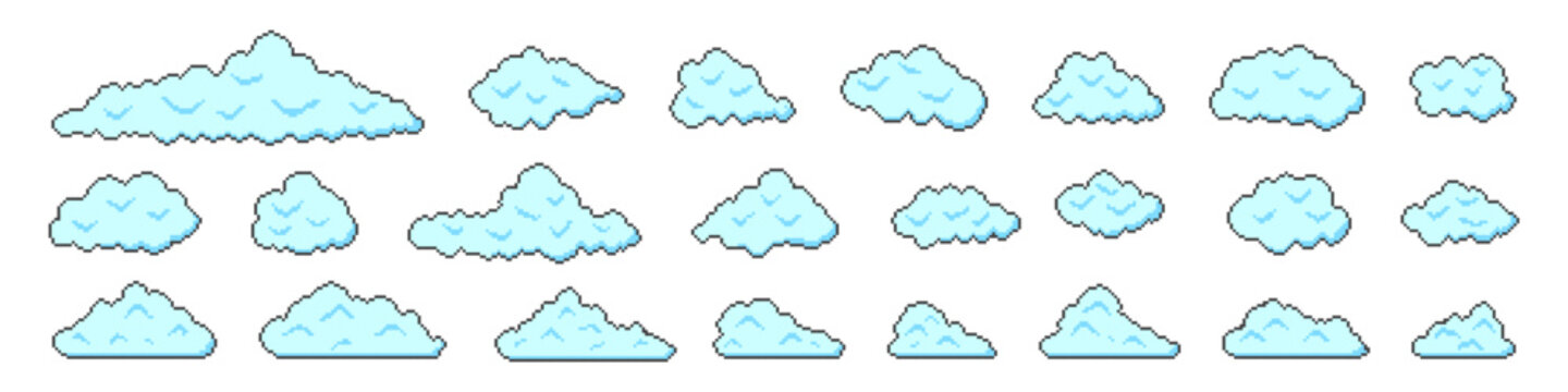 Pixel cloud icon set. 8bit sky symbol. Vector illustration.