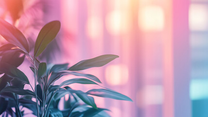 Abstract office interior with lush green plants and pink lighting creating a calm and modern workspace