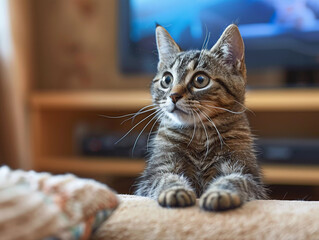 Playful Tabby Cat Curiously Observing Its Surroundings in a Cozy Living Room