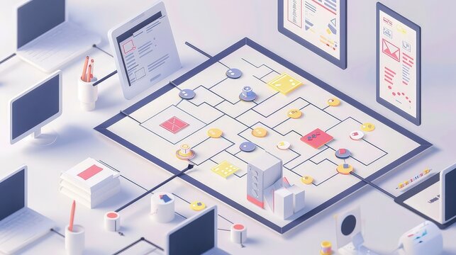 A minimalist depiction of a CRM strategy session, showing a virtual whiteboard filled with strategy flowcharts and customer personas, all in a clean, organized layout. 