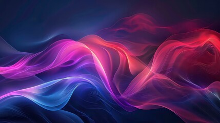 A digital abstract artwork showcasing flowing waves of purple, orange, and blue light against a dark background.