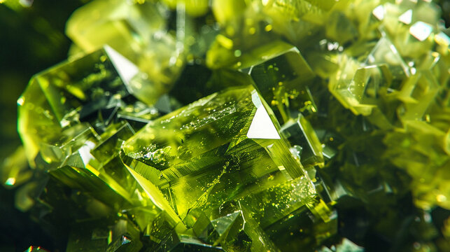 Close-up of a glowing peridot with abstract, olive-green hues and intricate facets