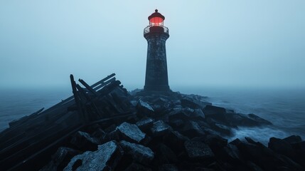 Mysterious gothic harbor at midnight, dilapidated docks, abandoned ships, foggy waters, and a lighthouse casting an eerie glow, high-resolution photo, realistic photo