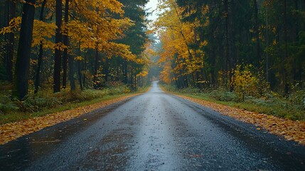 Obraz premium Wet Road Through Autumn Forest.