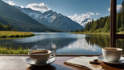 A window sill displays a cup of coffee and an open book, creating a perfect spot for enjoying a quiet moment