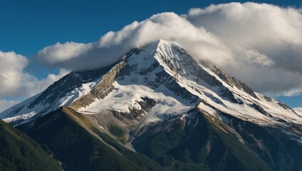 Snow-capped mountain peak surrounded by clouds