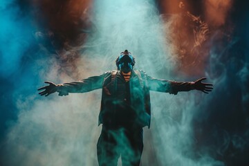 Fototapeta premium Magician levitates, flies surrounded by smoke on stage