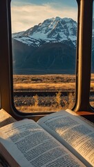Close-up of book against train window, with passing scenery outside