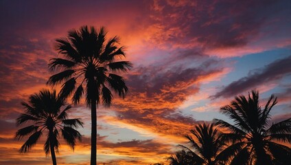 palm trees stand tall against a vibrant sunset filled with hues of orange, pink, and purple in the sky