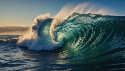 A stunning sunset over the ocean with a massive wave crashing down, creating a beautiful display of nature's power