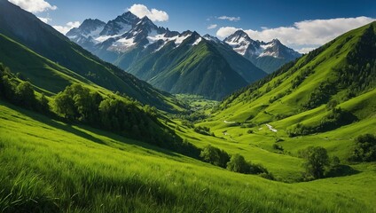 Scenic view of green grassy valley with mountains in the background