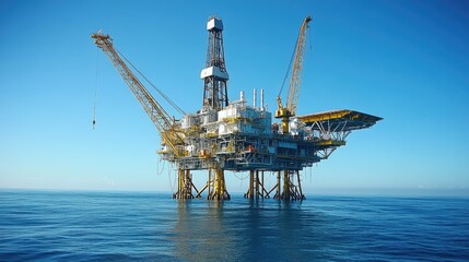 An offshore drilling rig platform standing tall in the middle of the ocean, with heavy machinery and cranes working around the clock, under a clear blue sky.
