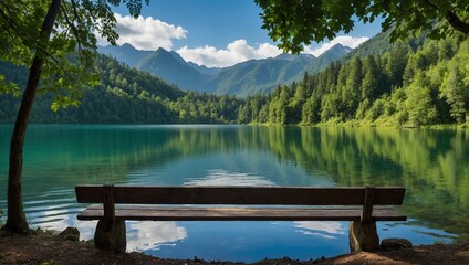 A serene mountain lake view from a wooden bench