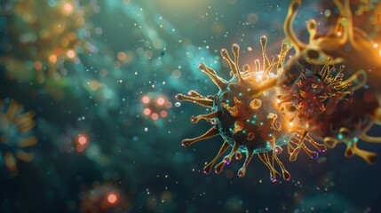 Fototapeta premium Quirky Garry Larson Style 3D Render of SARS-CoV-2 Virus Strain in Laboratory Microscope - Bright Color Medical Diagnosis Illustration for COVID-19 Outbreak