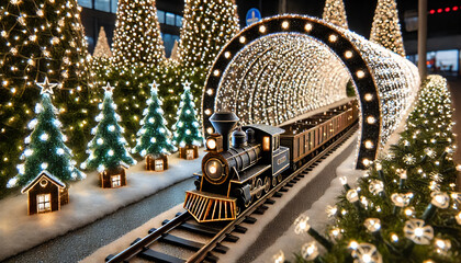 A realistic Christmas illumination featuring a mini train running through